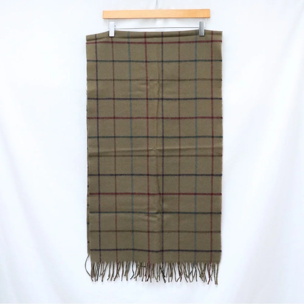 Vintage Wool Scarf plaid unisex mens womens olive green window pane classic warm